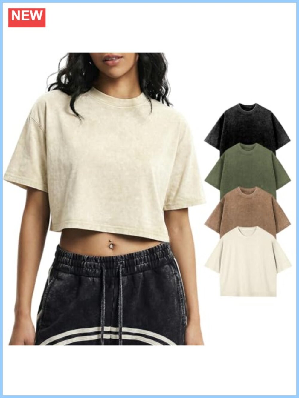 100% Cotton Cropped T-Shirts for Women Vintage Acid Wash Crew Neck Tee 4-Pack